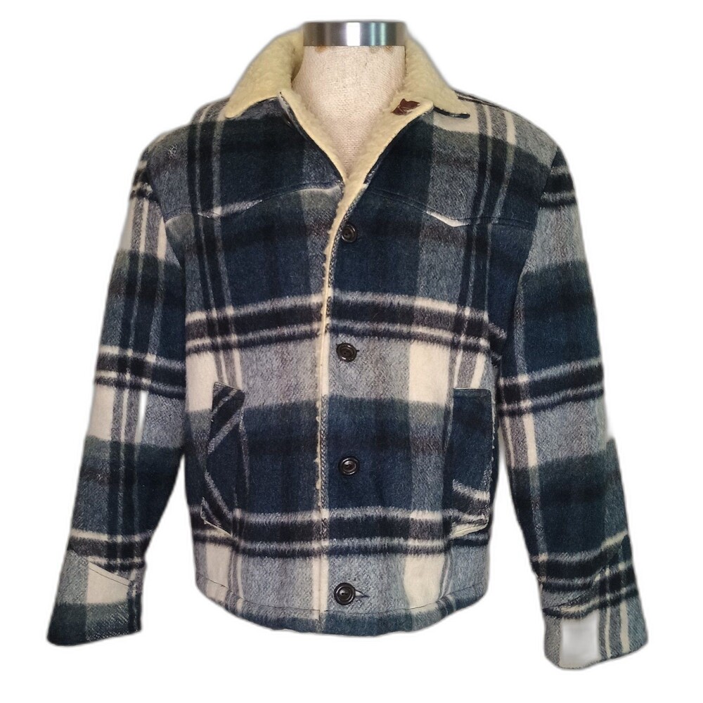 WT Grant Pennleigh Sportswear Mens Jacket L Wool? Plaid Vtg '50s Sherpa Lined